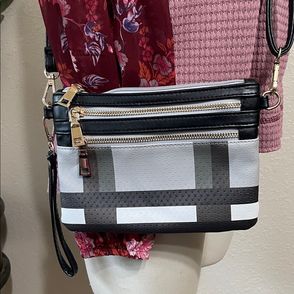 Plaid Black and Gray Crossbody Bag